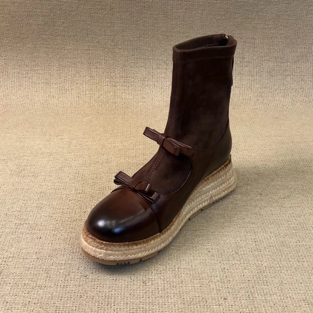 RubyL/5.5cm小众复古双蝴蝶结后拉链拼接擦色圆头厚底弹力靴女款