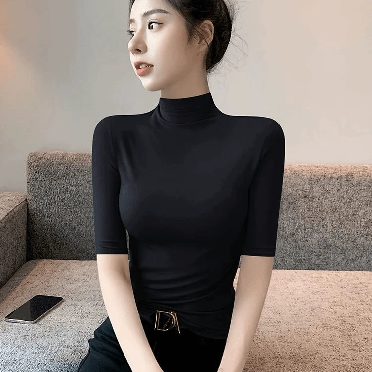 新款无痕半高领中袖五分袖t恤女显瘦百搭夏季紧身黑色半袖修身
