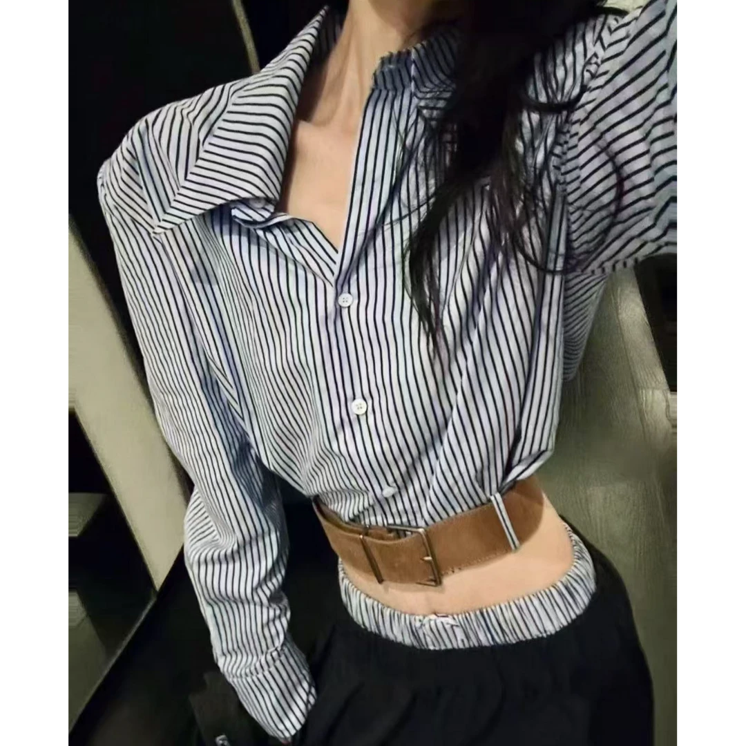 新wss女装-2025新款蓝色条纹衬衫小众设计款长袖上衣衬衫