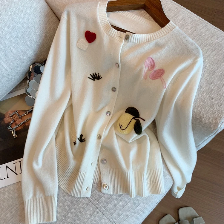 卡通趣味提花刺绣针织开衫女秋季2025新款慵懒风软糯百搭毛衣外套