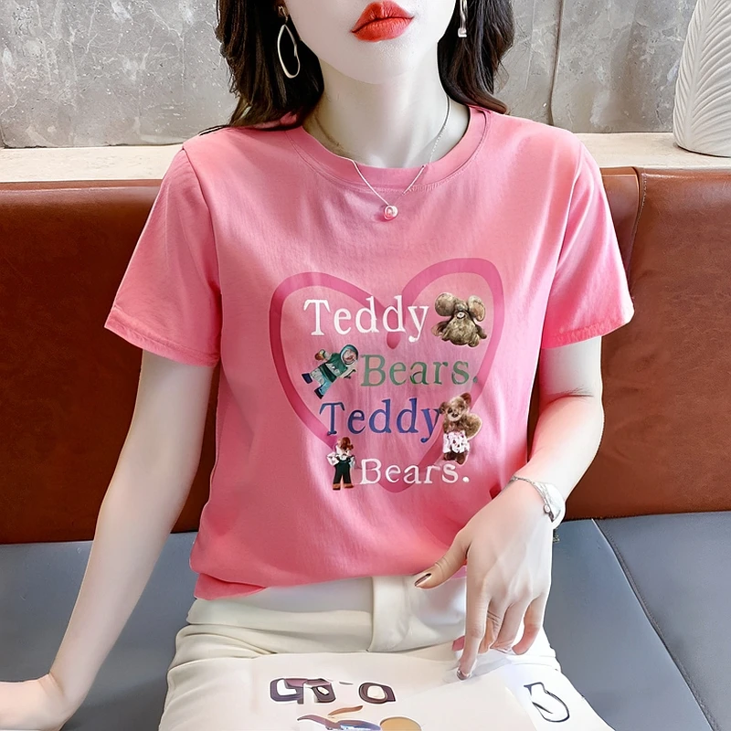 设计感卡通印花粉色ins短袖T恤女宽松显瘦打底衫半袖体恤上衣夏季