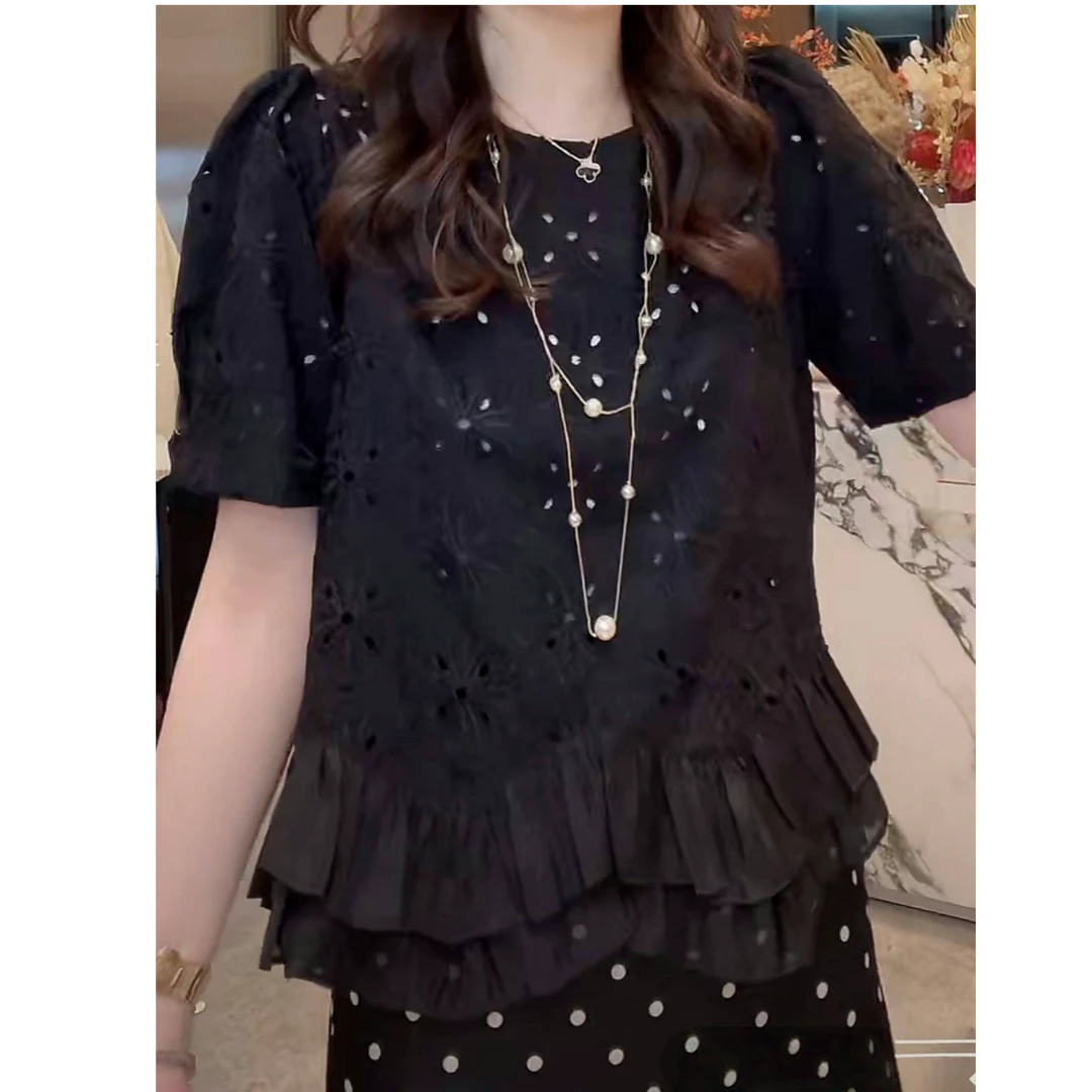 韩系洋气百搭镂空小衫2025夏季新款气质短袖女款洋气套头衬衫