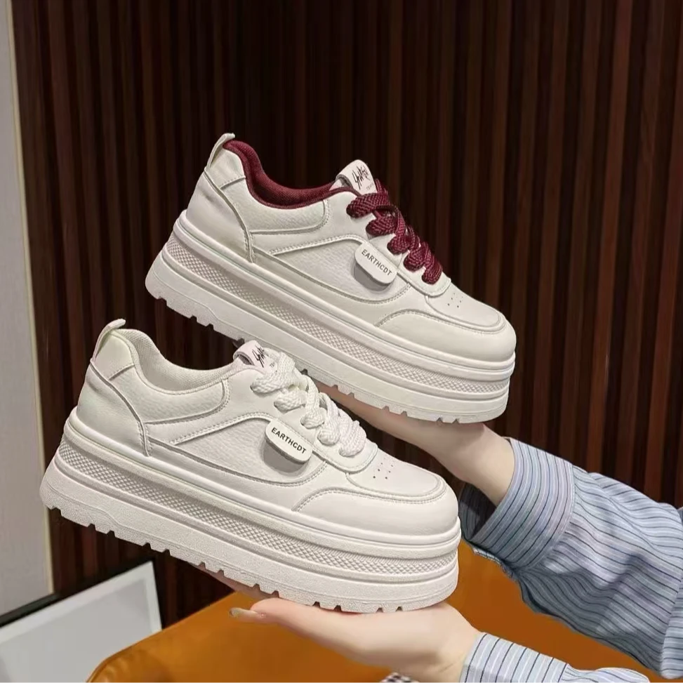 厚底牛皮小白鞋女2025春季新款百搭增高松糕鞋小个子运动休闲板鞋