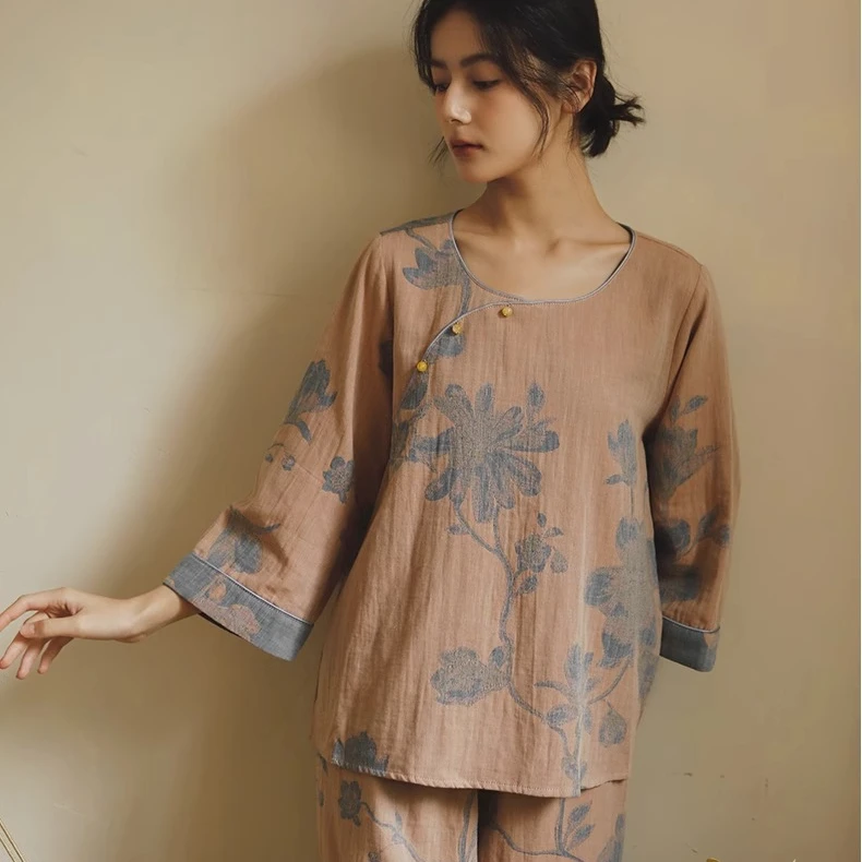 复古玉兰~中式古风睡衣女春秋双层纱布斜襟提花八分袖国风家居服