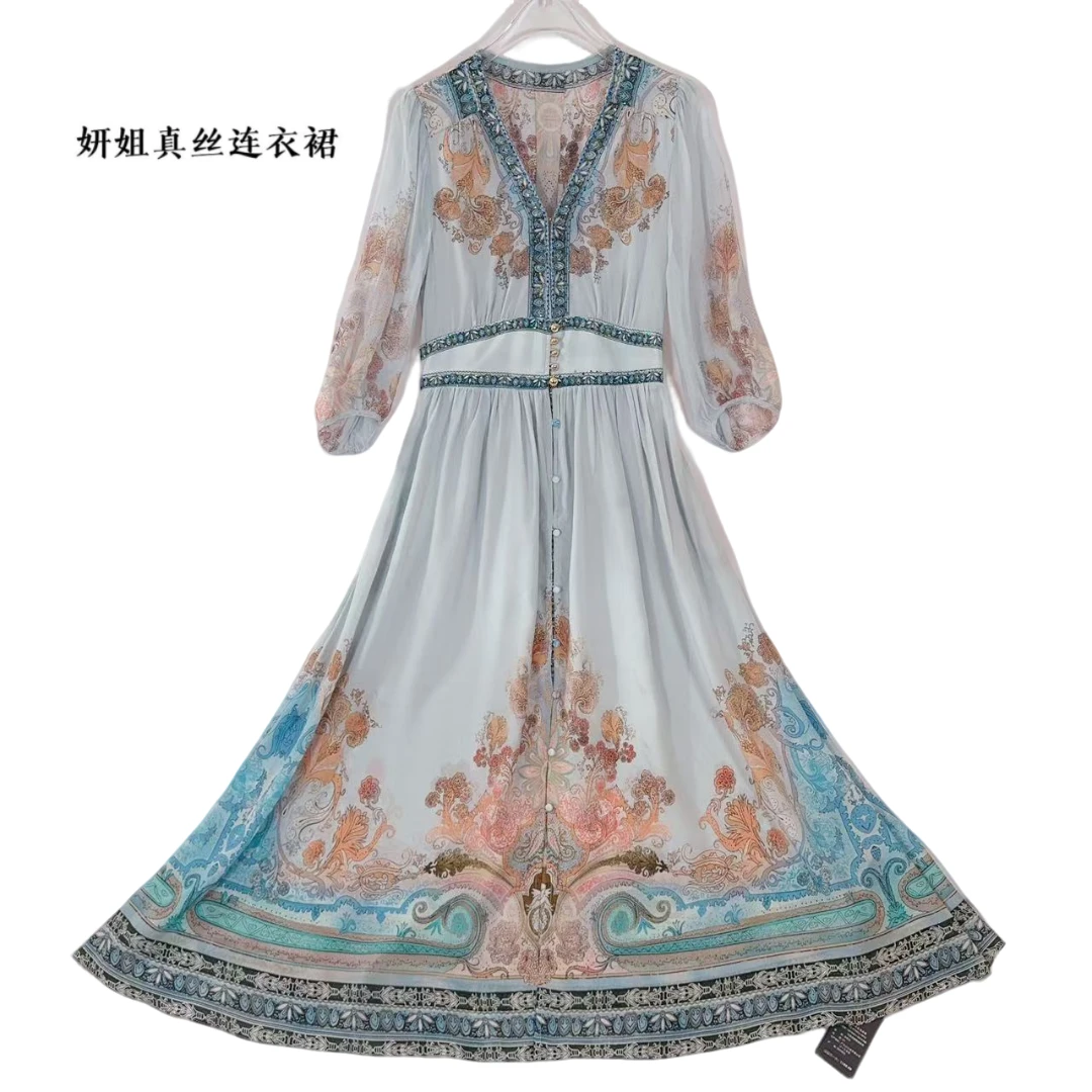 真丝连衣裙2025夏桑蚕丝长袖轻奢印花气质时尚优雅蓝花色250375-1