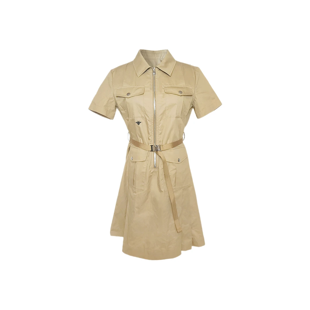 【欢姐同款】0220新款翻领双口袋半拉链工装设计腰带连衣裙时尚