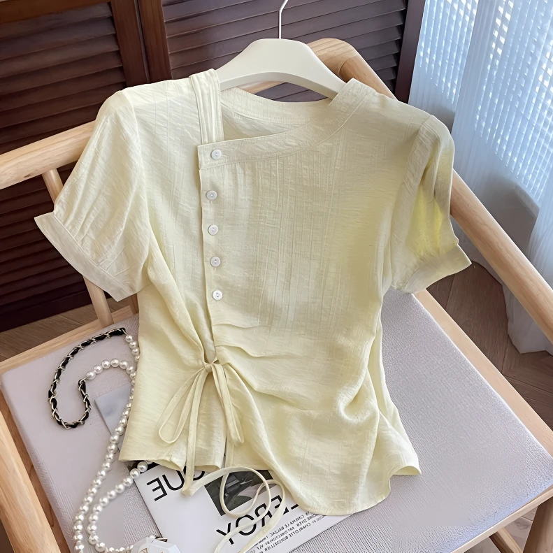 原创小众系带设计感遮肉小衫女法式高级肌理感气质时尚衬衫上衣服
