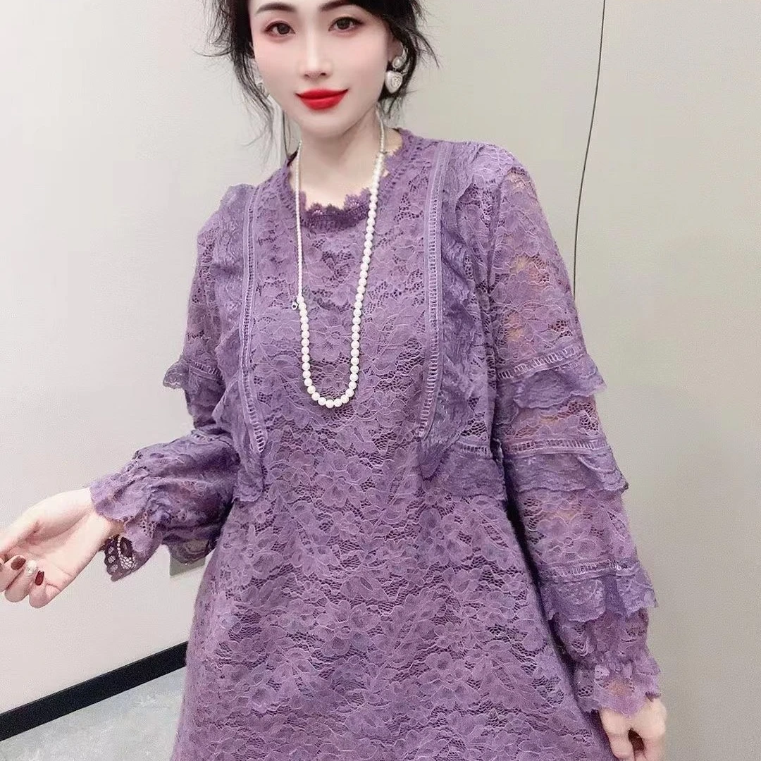 〖猫姐衣橱〗秋季新时尚花边秀缇花蕾丝洋气中长上衣6318