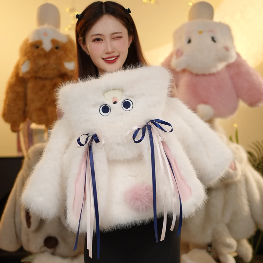 MS儿童冬款毛绒毛茸茸萌宝彩带耳朵贝乐兔草草保暖短款加厚外套