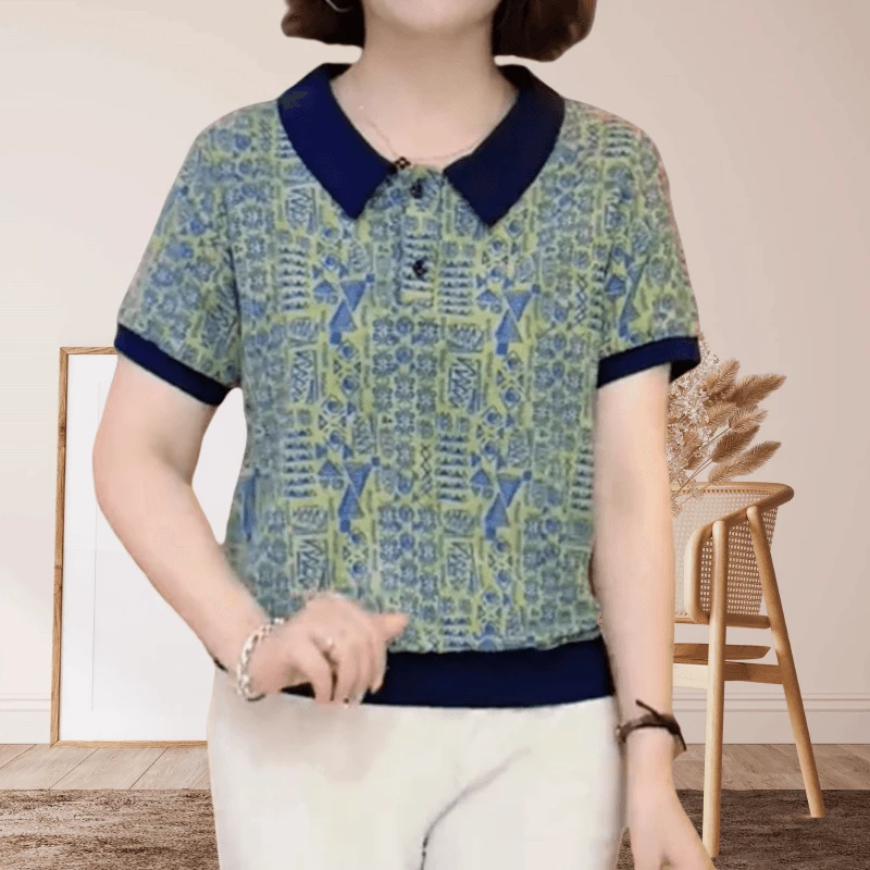 印花设计高级感短袖上衣女夏装洋气减龄时尚百搭显瘦翻领拼色小衫
