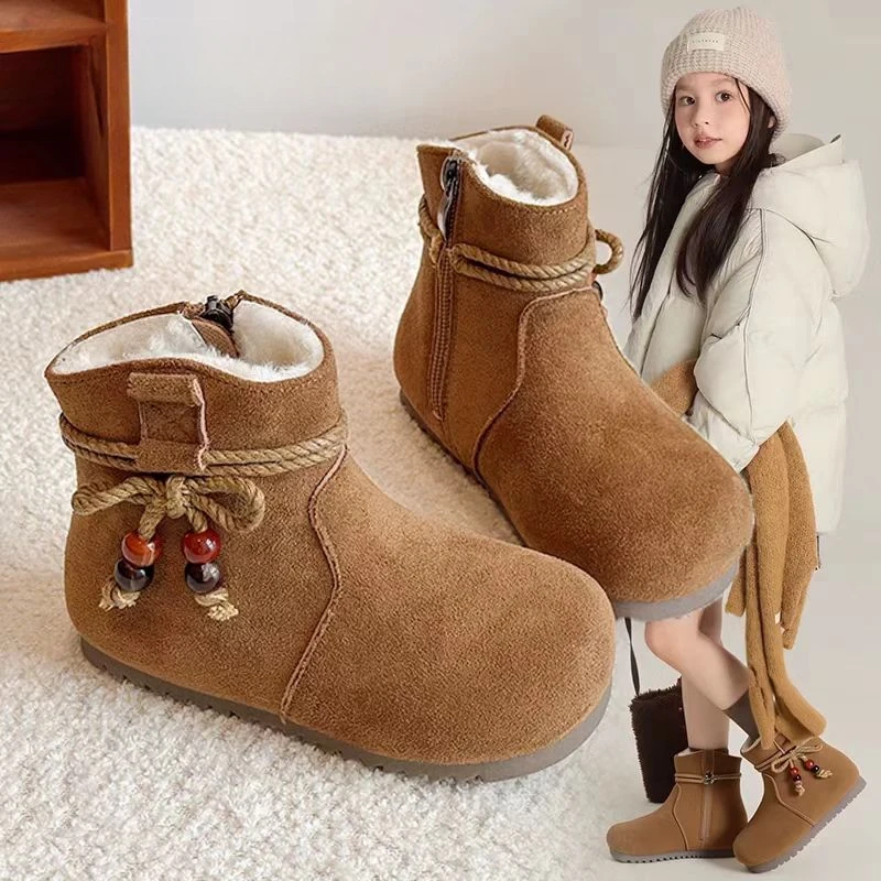 女童2025冬季新款软底防滑短靴皮面加绒百搭棉靴789