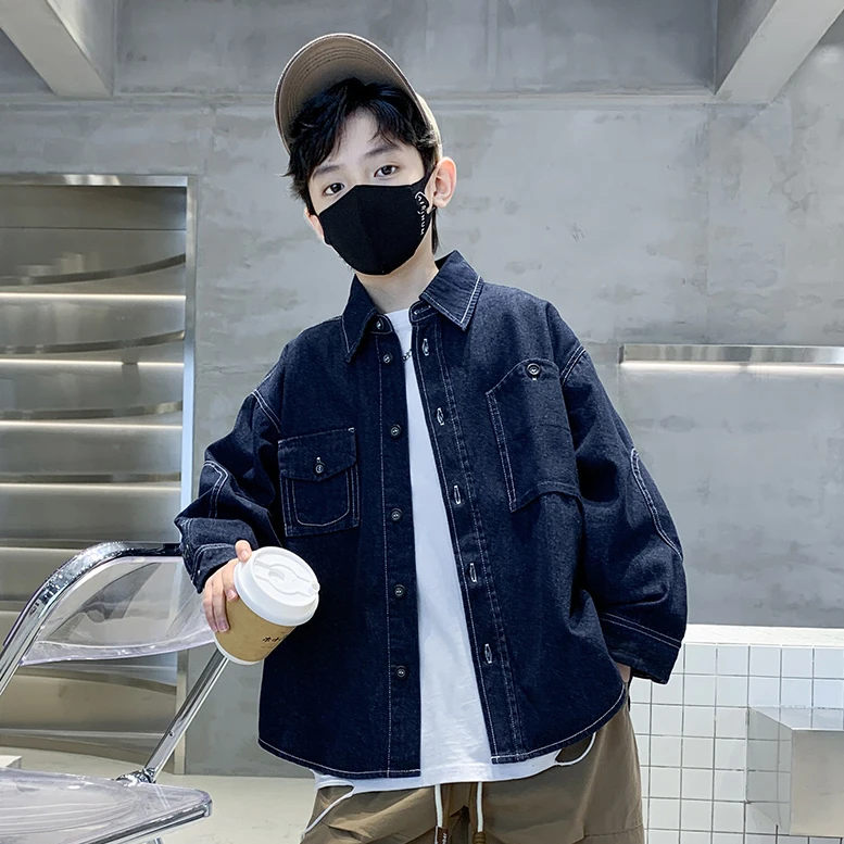男童蓝色牛仔外套春秋款2025新款儿童薄款衬衫秋季中大童洋气上衣