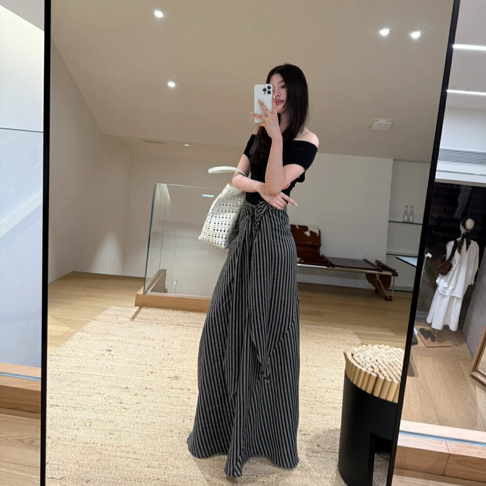 韩版不规则绑带条纹半身裙女春夏新款高腰显瘦宽松遮胯垂感长裙