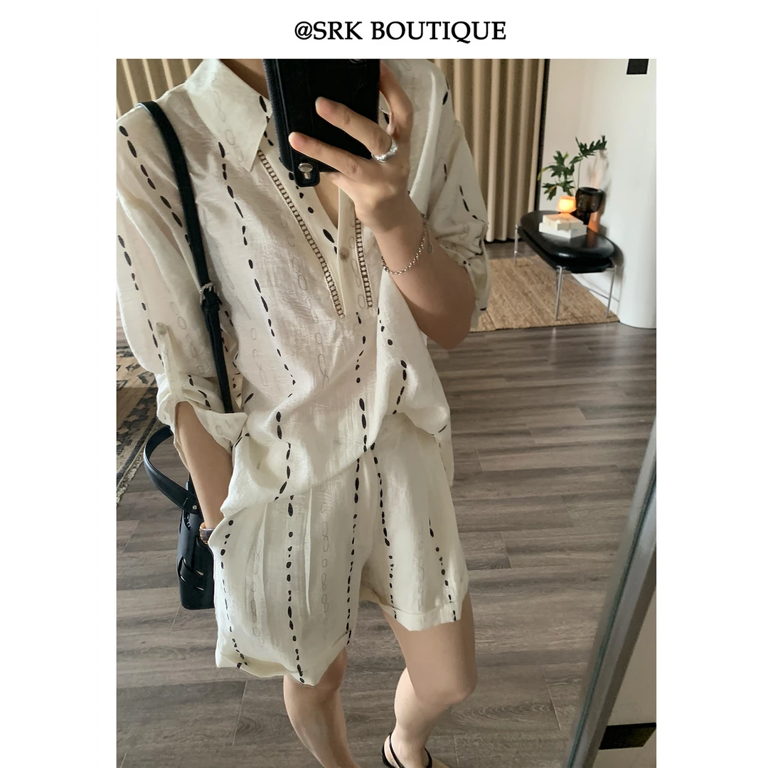 法式设计感松弛感套装水墨复古印花V领衬衫休闲小a工装裤S2XV0018