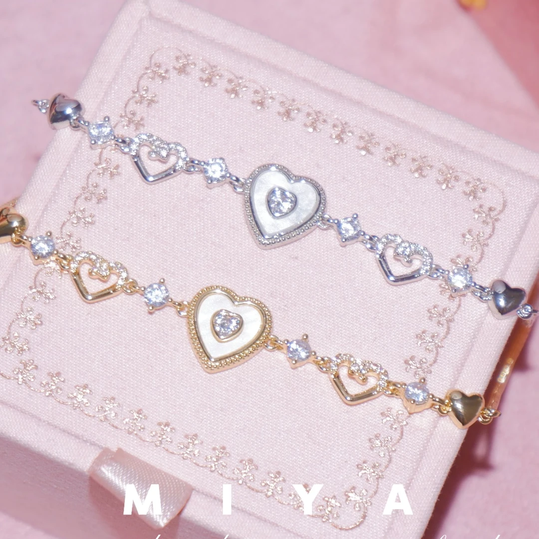纯铜锆石手链 甜美假期~爱心贝母锆石重工手链 欧美辣妹感满满