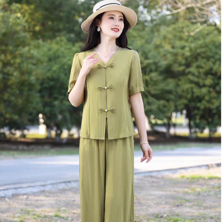 时尚套装女2025夏季新款洋气复古盘扣薄款短袖上衣阔腿裤两件套