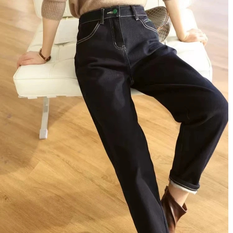 秋季显瘦长裤牛仔裤秋冬直筒高腰哈伦裤厚款静奢风加绒秋款