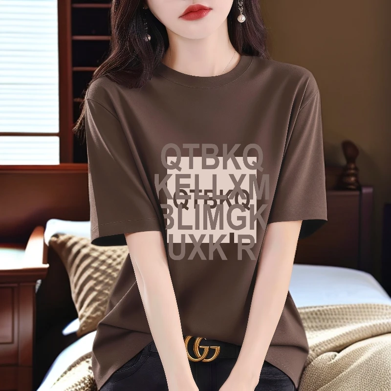 显瘦洋气咖色纯棉短袖女夏季大码T恤宽松圆领打底衫遮屁股上衣服