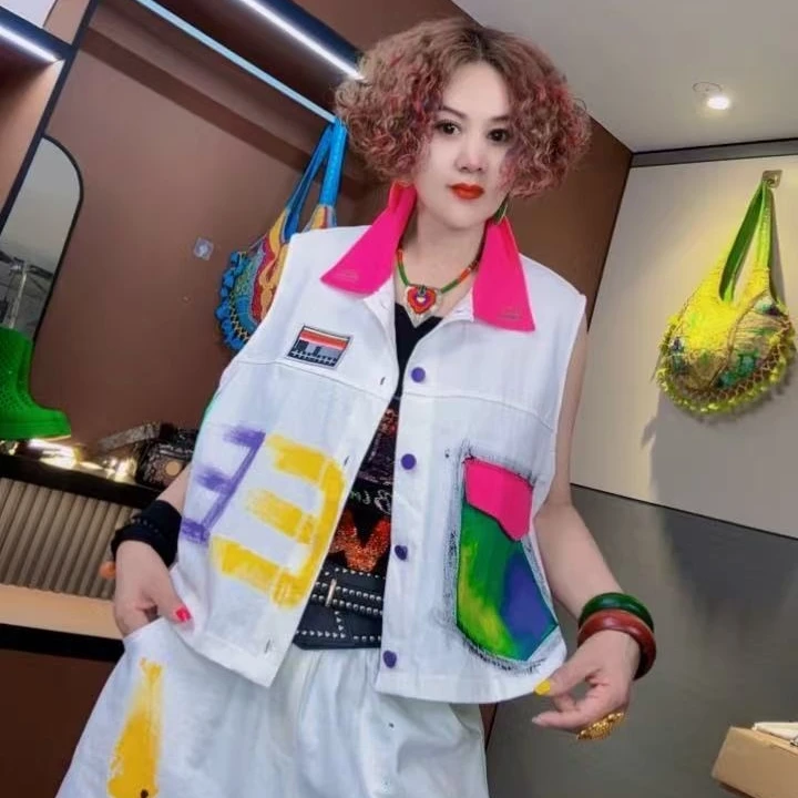 {欧洲站}梦姐同款时尚洗水牛仔拼接马夹