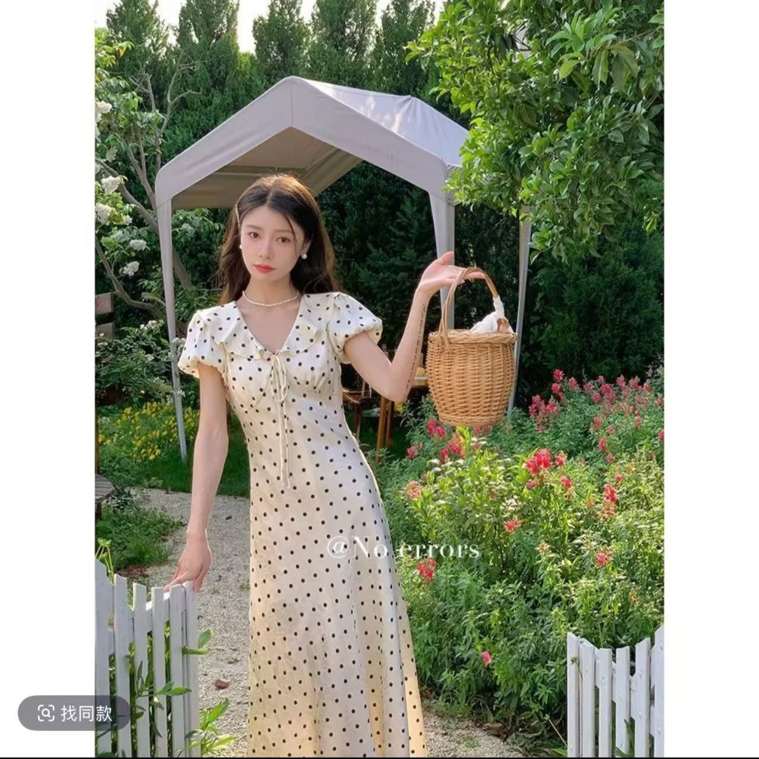 【FAFA】大码女装温柔法式甜美波点度假泡泡袖修身显瘦连衣裙