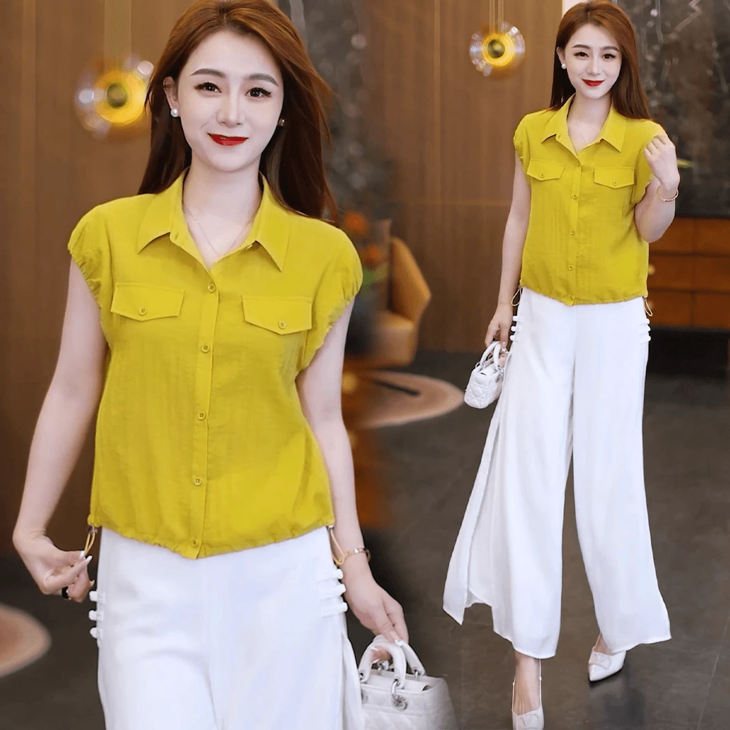 2025时尚红色薄款V领衬衫女夏季新款洋气纯色短袖宫廷风气质上衣