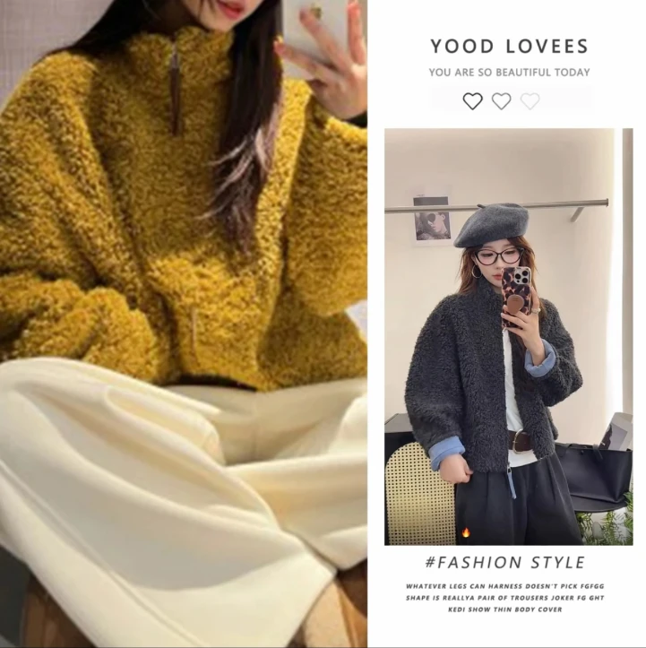 韩系立领仿羊羔毛皮毛一体短款外套女2025秋冬新宽松现廋减龄上衣