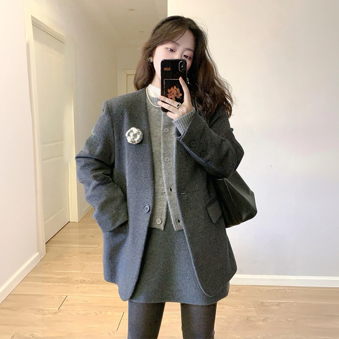 2025超火冬装一整套气质小香风高智感穿搭灰色毛呢西装半身裙套装