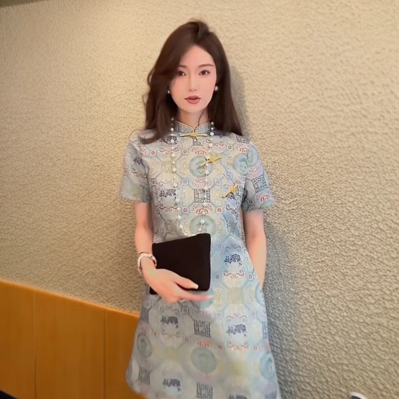 夏季短袖旗袍蓝色新中式国风女装连衣裙子复古时尚日常显瘦