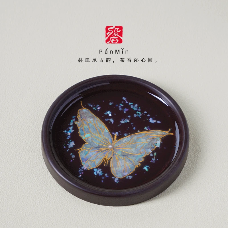 磐皿｜直播链接-仿螺钿蝶舞蝴蝶圆形杯垫隔热壶垫防烫茶道配件