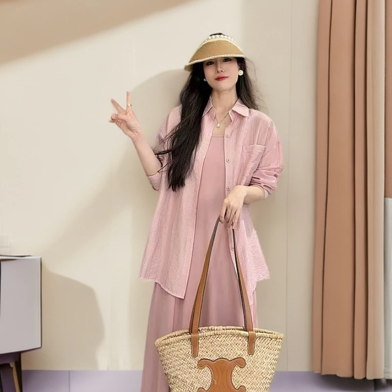 新款韩版气质显瘦吊带连衣裙开衫套装夏季时尚穿搭衬衫两件套