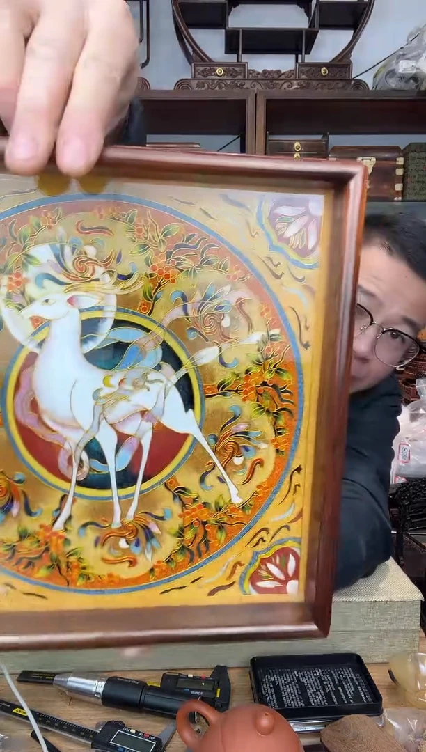 乌木类书架748大红酸枝嵌景泰蓝开茶盘小号  九色鹿