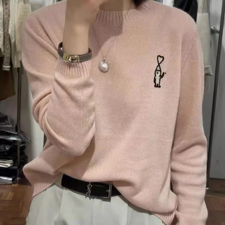 春秋新款圆领刺绣100%纯羊毛衫女薄款宽松套头毛衣针织打底羊衫