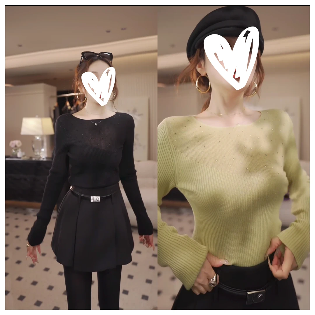 【长昼凝光】时尚百搭圆领烫钻琥珀流光风套头针织衫上衣C6535