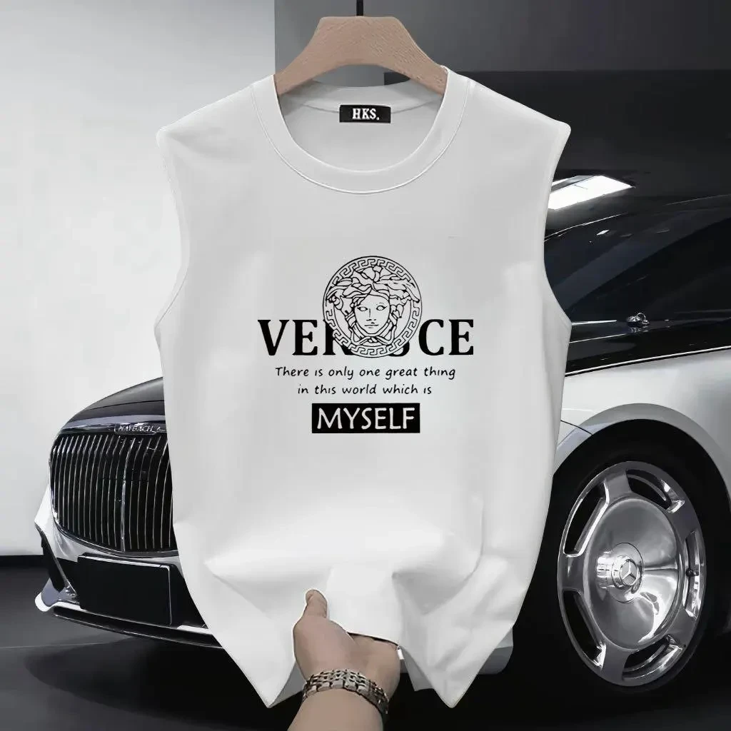 2025年新款重磅纯棉印花圆领背心无袖宽松休闲短袖t恤男女情侣