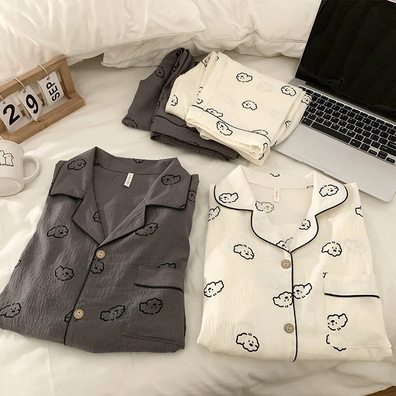 日系ins小狗睡衣男女款春秋季长袖卡通可爱宽松网红风情侣家居服