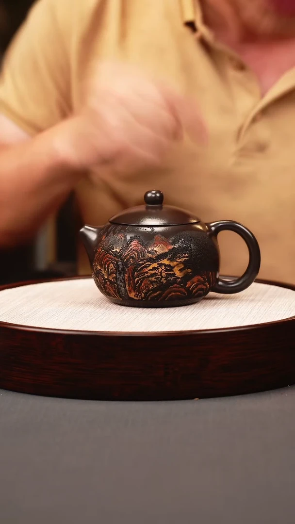 茶壶紫砂石黄 西施 彩刻山水