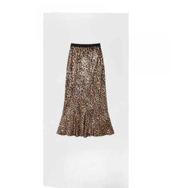 XJ  豹纹松紧带复古开叉半身裙  H0684
