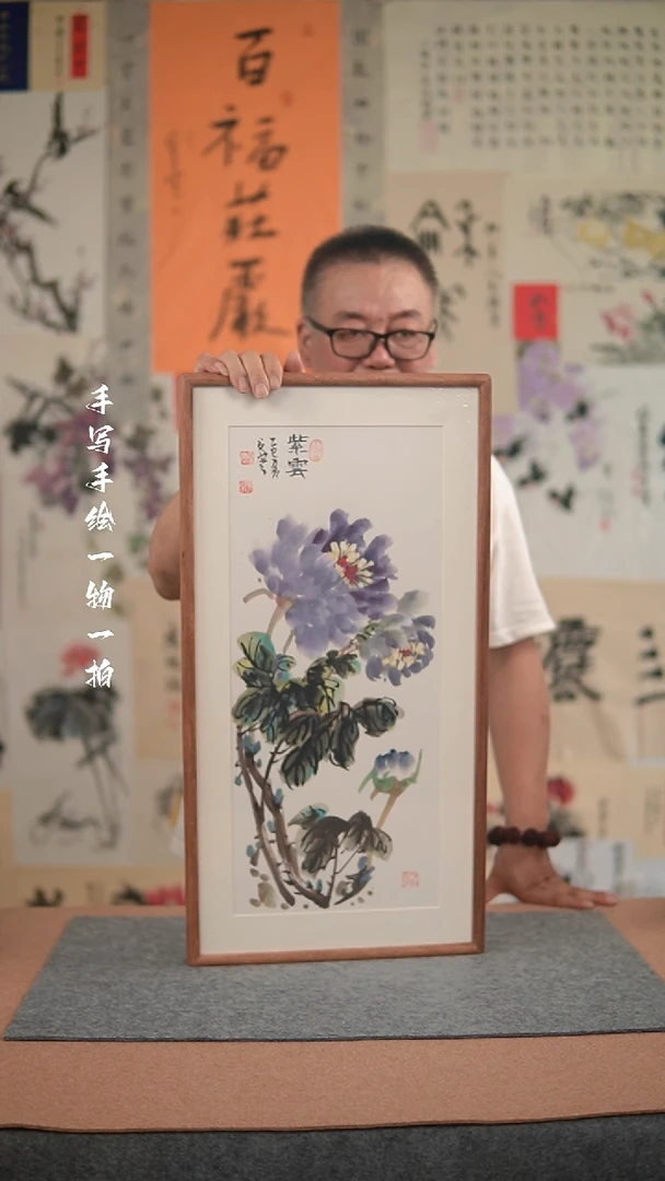 国画手绘-36*69实木框花鸟