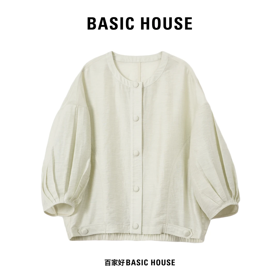 Basic House/百家好2025秋季新款捏褶设计感半袖圆领衬衫6252XX