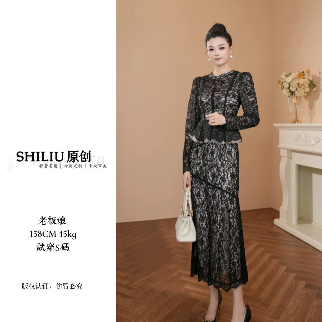 【十六定制】收腰长裙蕾丝气质优雅显瘦修身连衣裙45344