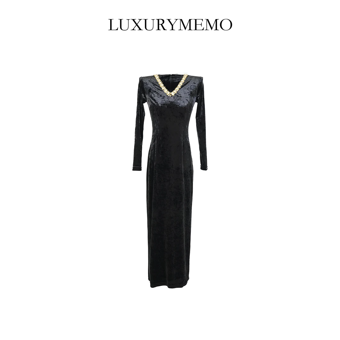 LUXURYMEMO【刘熊熊】秋季新款法式气质领口钉珠修身连衣裙