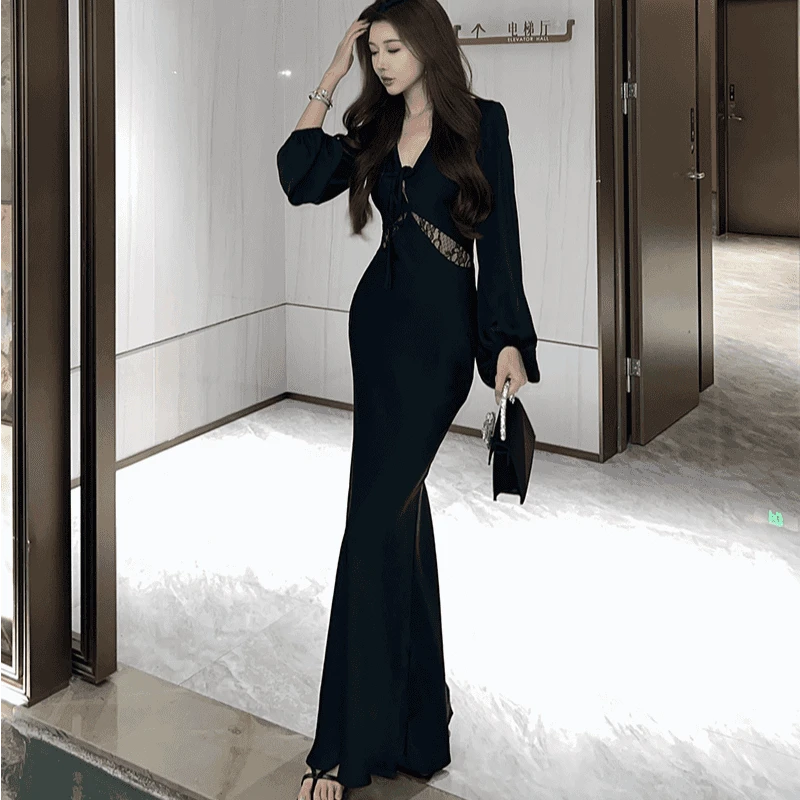 罗曼湾湾黑色缎面性感V领法式名媛连衣裙女泰式千金裙御姐风长裙