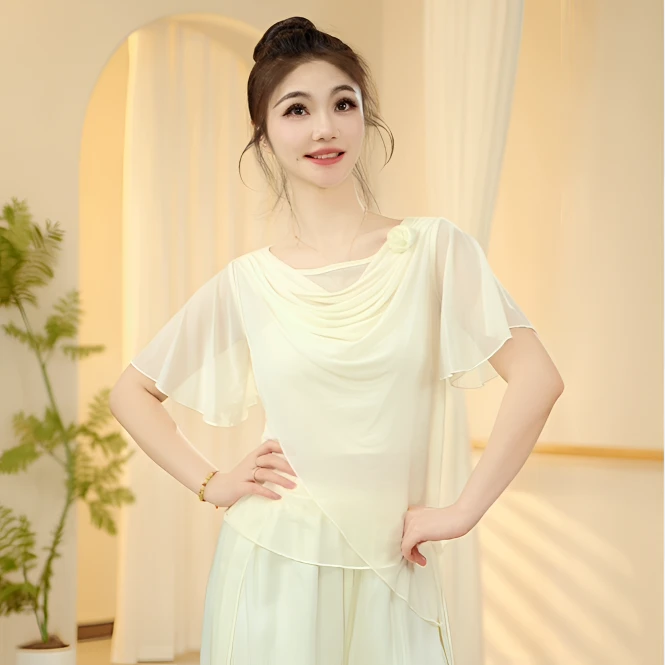 3572 D舞蹈服斜襟花朵短袖上衣练功夏季形体修身现代跳舞成人