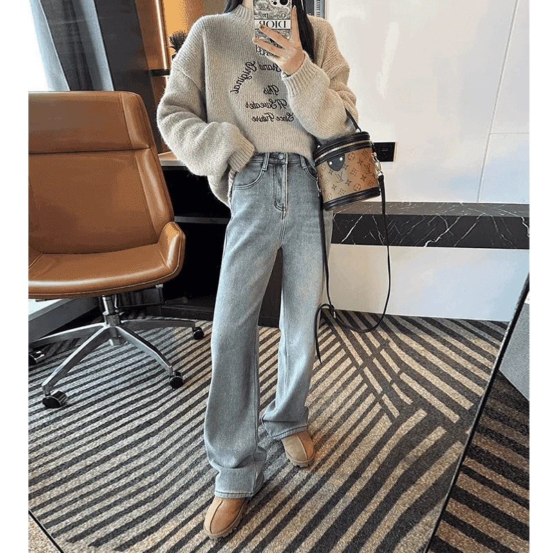 大码定制2025春季新款牛仔裤女高腰宽松直筒显瘦胖mm阔腿拖地长裤