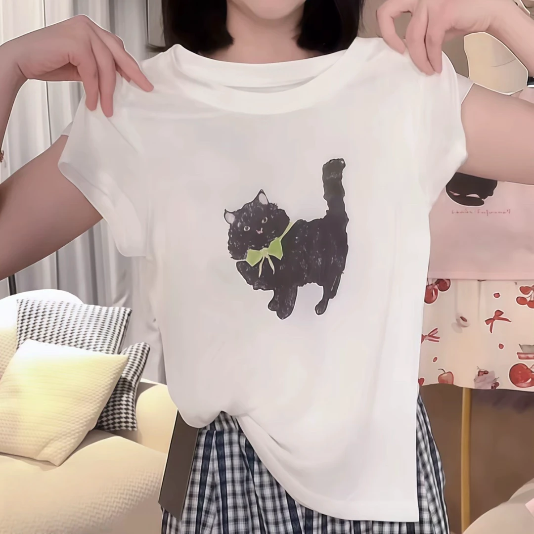 设计感圆领套头短袖上衣休闲时尚百搭小猫图案2025夏款薄款T恤女