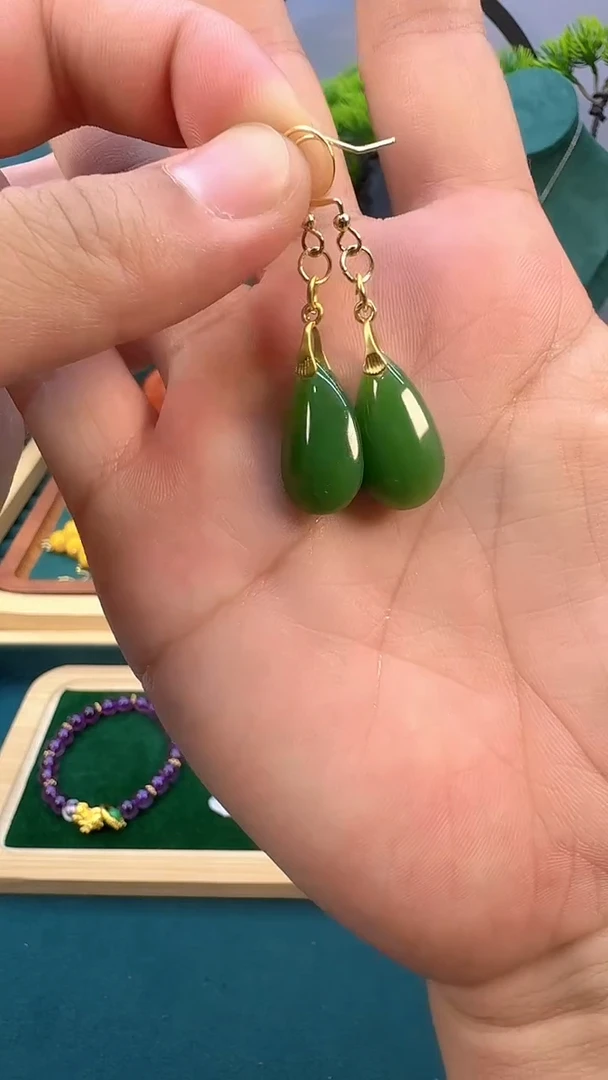 和田玉14K金镶嵌耳饰E119