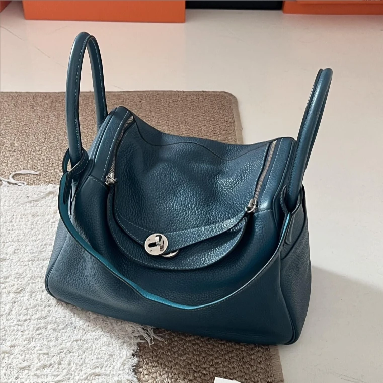 99新 Hermes/爱马仕 8203052爱马仕lindy34飓风蓝拼色银扣R单肩包