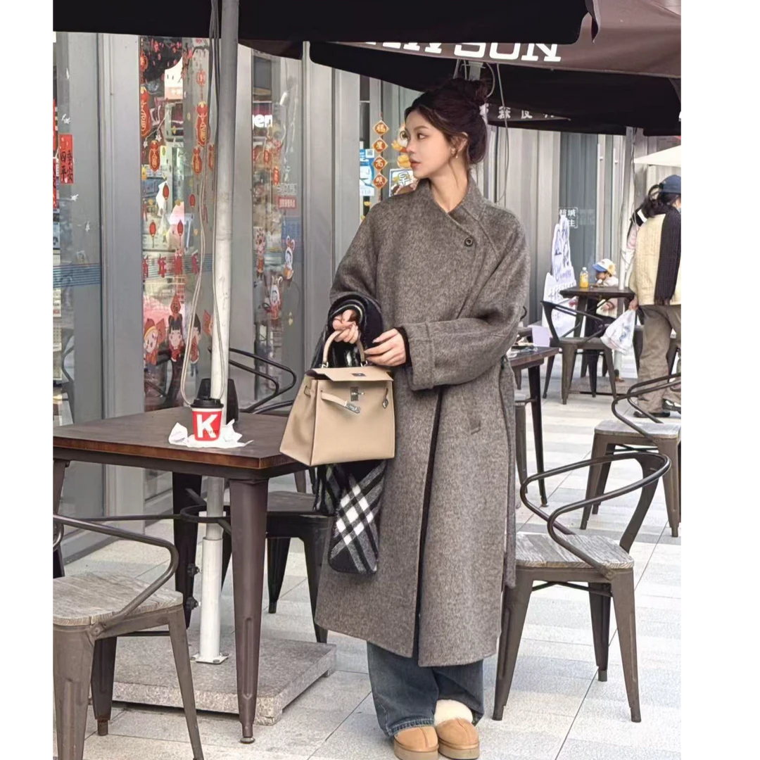 「霖依」1时尚气质宽松大翻领棉羊毛大衣显瘦轻奢长款加厚秋冬8677