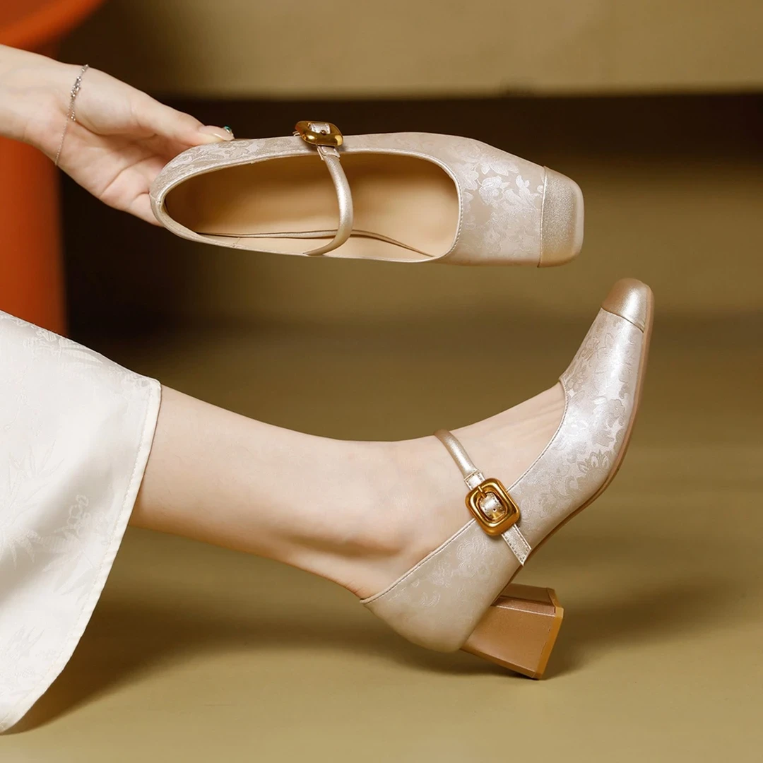 拼色玛丽珍女鞋英伦风高跟鞋新中式国风粗跟方头中跟出游百搭单鞋