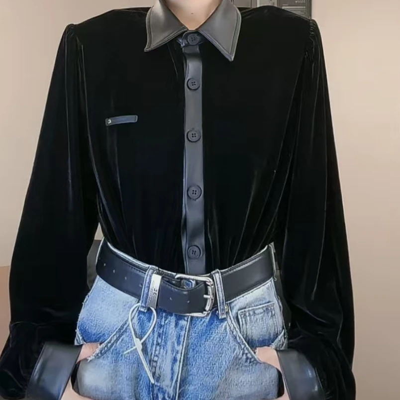 【大7定制】18778#新款金丝绒拼皮翻领开衫上衣女垫肩